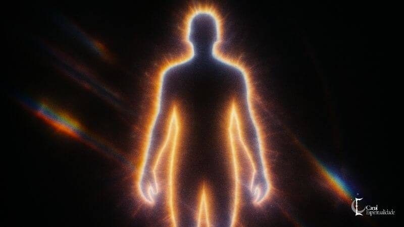 Fotografia Kirlian - registro místico Silhueta escura de um corpo humano da cintura para cima, contornada por uma aura vibrante de luz alaranjada e amarelada que emana para fora como pequenos filamentos elétricos. Ao fundo, faixas suaves de luz arco-íris cruzam a escuridão na diagonal.