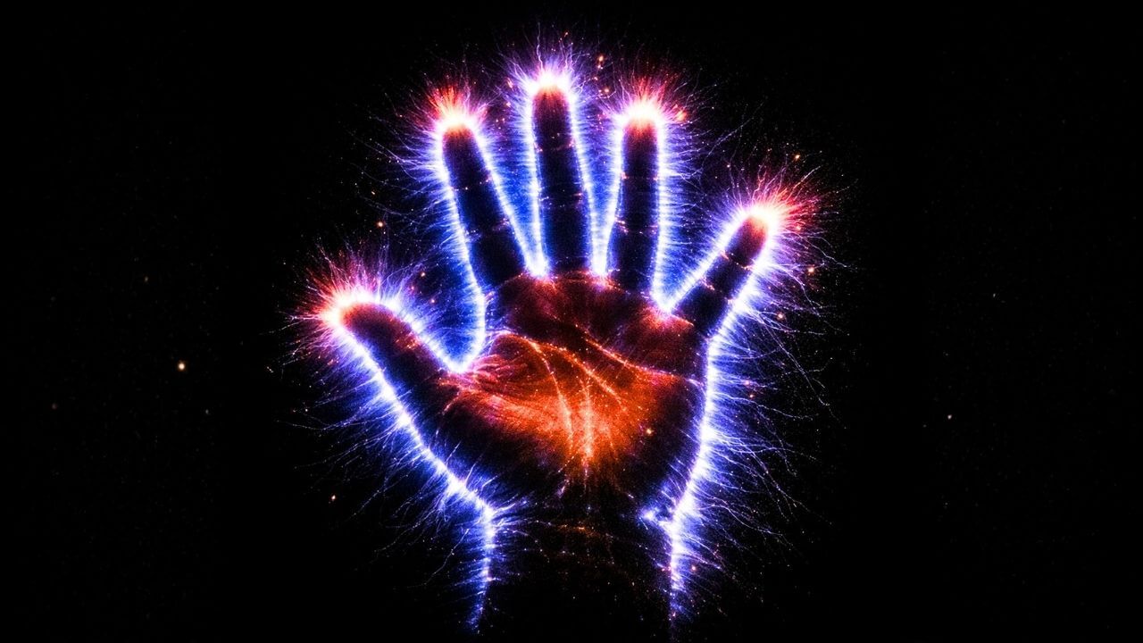 Fotografia Kirlian - Close-up de uma mão humana aberta contra um fundo preto. A mão está envolta em uma intensa descarga de luz em tons de azul elétrico e violeta, com as pontas dos dedos brilhando em um rosa avermelhado. O efeito visual é de pequenos raios ou filamentos de energia saindo de toda a superfície da pele.