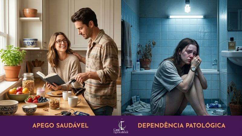 Imagem dividida verticalmente em dois cenários distintos para ilustrar conceitos psicológicos. No lado esquerdo, sob o título "APEGO SAUDÁVEL", um homem de camisa xadrez e uma mulher de óculos e suéter estão juntos em uma cozinha clara e moderna, sorrindo durante o café da manhã. A mesa está farta com tigelas de iogurte, cereais e frutas frescas, além de uma planta em vaso e chaves na bancada, transmitindo uma sensação de equilíbrio e felicidade compartilhada. O homem está servindo café. No lado direito, sob o título "DEPENDÊNCIA PATOLÓGICA", uma mulher jovem está encolhida no chão de um banheiro escuro e frio, vestindo uma camiseta larga. Ela está chorando e parece desamparada, abraçando as pernas em um canto úmido e bagunçado, sob uma luz fluorescente dura. Um frasco de perfume masculino e um barbeador estão sobre a pia, e embalagens vazias e toalhas estão espalhadas, enfatizando a angústia e o isolamento. Uma planta murcha está em um vaso no canto. No centro inferior, há um logotipo roxo com o texto "Canal Espiritualidade".