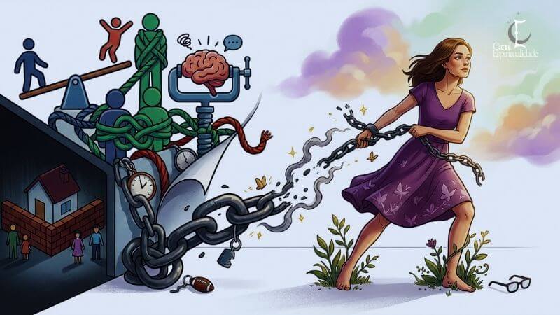Ilustração conceitual dividida em duas metades horizontais para mostrar o contraste entre a dependência emocional e a libertação. O lado esquerdo, em tons mais escuros e cinzentos, representa o aprisionamento e o caos, enquanto o lado direito, em tons vibrantes e claros, simboliza a cura e o crescimento. Uma grande corrente de metal com um cadeado em forma de coração forma o elemento central, conectando os dois lados. Do lado esquerdo, a corrente emerge de uma pilha bagunçada de objetos, incluindo relógios de bolso, chaves, uma bola de futebol americano e óculos que parecem ter caído. Vários bonecos de palito coloridos (verde, azul, vermelho) estão presos e emaranhados em cordas e redes de metal, com um cérebro sob uma morsa estilizada, representando a mente sobrecarregada e controlada. Uma pequena casa está embutida em uma parede de tijolos. Do lado direito, uma mulher com um vestido roxo com estampa de borboletas está correndo descalça por uma área com flores, puxando a corrente com determinação. A corrente está se quebrando em pedaços e borboletas estão saindo dela, com uma estrela brilhante no final, mostrando a superação e a liberdade. Nuvens coloridas em tons de roxo e rosa estão no fundo do lado direito. No canto superior direito, há um logotipo branco com o texto "Canal Espiritualidade".