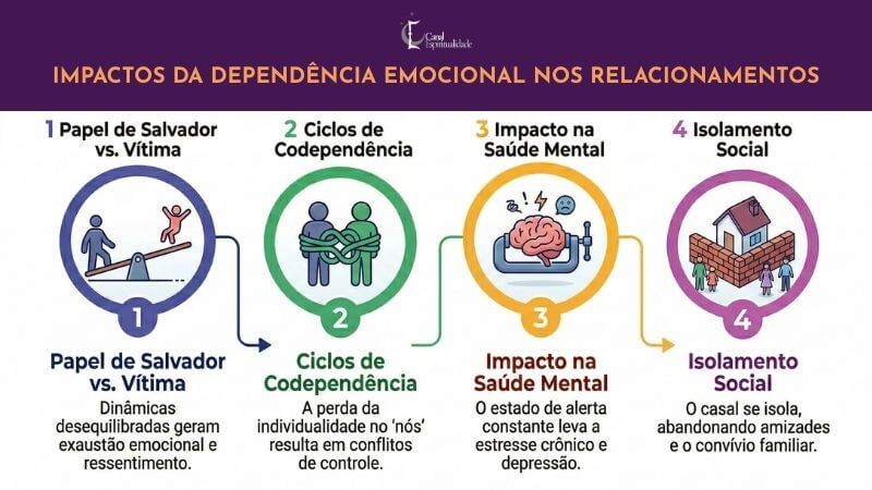 Infográfico ilustrado com o título "IMPACTOS DA DEPENDÊNCIA EMOCIONAL NOS RELACIONAMENTOS" em uma faixa roxa no topo. Quatro círculos numerados e coloridos em sequência mostram as consequências, conectados por setas. O primeiro círculo, azul com o número 1, é rotulado "Papel de Salvador vs. Vítima", e mostra uma pessoa maior de casaco azul em pé, enquanto uma pessoa menor de rosa está em um balanço sobre uma viga, simbolizando o desequilíbrio e a sobrecarga. O texto abaixo diz: "Dinâmicas desequilibradas geram exaustão emocional e ressentimento". O segundo círculo, verde com o número 2, é rotulado "Ciclos de Codependência", e mostra duas pessoas coloridas (azul e verde) em pé, com cordas verdes as amarrando juntas, representando a falta de individualidade. O texto abaixo diz: "A perda da individualidade no 'nós' resulta em conflitos de controle". O terceiro círculo, amarelo com o número 3, é rotulado "Impacto na Saúde Mental", e mostra um cérebro humano dentro de uma morsa estilizada com raios, representando a pressão e a tensão. O texto abaixo diz: "O estado de alerta constante leva a estresse crônico e depressão". O quarto círculo, rosa com o número 4, é rotulado "Isolamento Social", e mostra uma casa dentro de um muro de tijolos, com duas pessoas coloridas (verde e rosa) em pé dentro do muro, simbolizando o fechamento do casal. O texto abaixo diz: "O casal se isola, abandonando amizades e o convívio familiar". No centro inferior, há um logotipo roxo com o texto "Canal Espiritualidade".