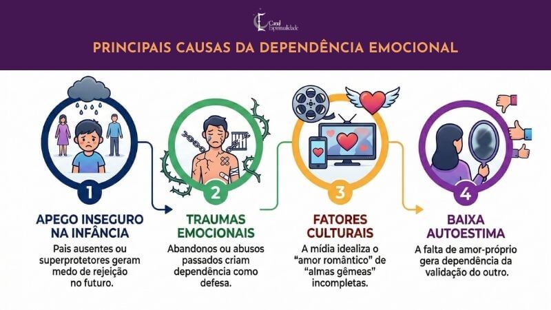 Infográfico ilustrado com o título "PRINCIPAIS CAUSAS DA DEPENDÊNCIA EMOCIONAL" em uma faixa roxa no topo. Quatro círculos numerados e coloridos em sequência mostram as causas, conectados por setas. O primeiro círculo, azul escuro com o número 1, é rotulado "APEGO INSEGURO NA INFÂNCIA", e mostra um menino de azul chorando sob uma nuvem de chuva, com uma família colorida (verde, azul, vermelho) em pé atrás dele, simbolizando a falta de suporte. O texto abaixo diz: "Pais ausentes ou superprotetores geram medo de rejeição no futuro". O segundo círculo, verde com o número 2, é rotulado "TRAUMAS EMOCIONAIS", e mostra um homem de laranja em pé, com cordas de espinhos amarrando seus braços e pescoço, simbolizando a dor e a falta de liberdade. O texto abaixo diz: "Abandonos ou abusos passados criam dependência como defesa". O terceiro círculo, amarelo com o número 3, é rotulado "FATORES CULTURAIS", e mostra um rolo de filme, uma TV com um coração e um celular com um coração, representando a mídia e a sociedade. O texto abaixo diz: "A mídia idealiza o 'amor romântico' de 'almas gêmeas' incompletas". O quarto círculo, roxo com o número 4, é rotulado "BAIXA AUTOESTIMA", e mostra uma mulher de roxo olhando para um espelho com uma silhueta escura, com mãos fazendo sinais de "não gostei" (polegar para baixo) ao redor, representando a falta de amor-próprio e a necessidade de validação externa. O texto abaixo diz: "A falta de amor-próprio gera dependência da validação do outro". No centro inferior, há um logotipo roxo com o texto "Canal Espiritualidade".