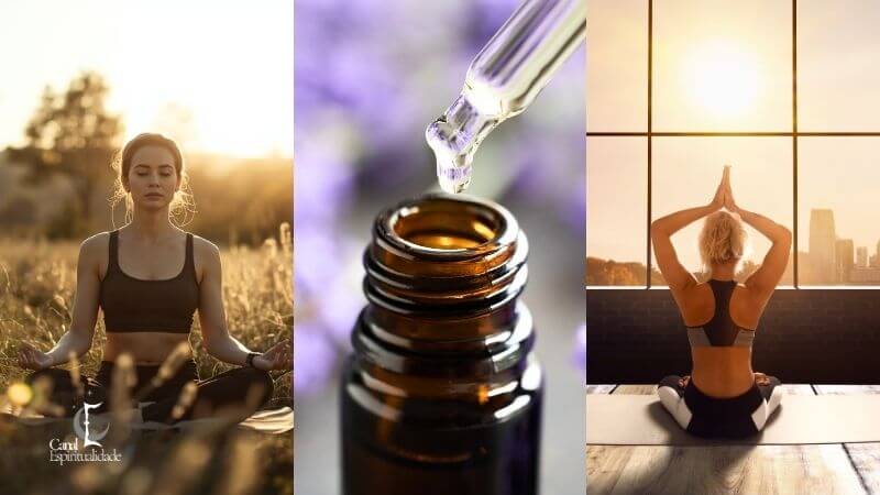 Colagem de três fotografias em um fundo de madeira, focadas em práticas de bem-estar. Do lado esquerdo, uma mulher com um top esportivo preto está sentada em pose de meditação em um campo de grama alta, com os olhos fechados e as mãos em mudra, banhada pela luz dourada do pôr do sol. O logotipo "Canal Espiritualidade" está no canto inferior esquerdo. No centro, um frasco de vidro marrom com um conta-gotas está sendo usado para dispensar uma gota de óleo essencial roxo, com flores de lavanda desfocadas no fundo, simbolizando a aromaterapia e o relaxamento. Do lado direito, uma mulher com um top esportivo e calça preta e branca está sentada em pose de meditação de costas, olhando para uma grande janela que dá para uma paisagem urbana, com as mãos unidas sobre a cabeça e a luz dourada do sol entrando pela janela. A imagem transmite uma sensação de paz e conexão com a natureza e com o eu interior.